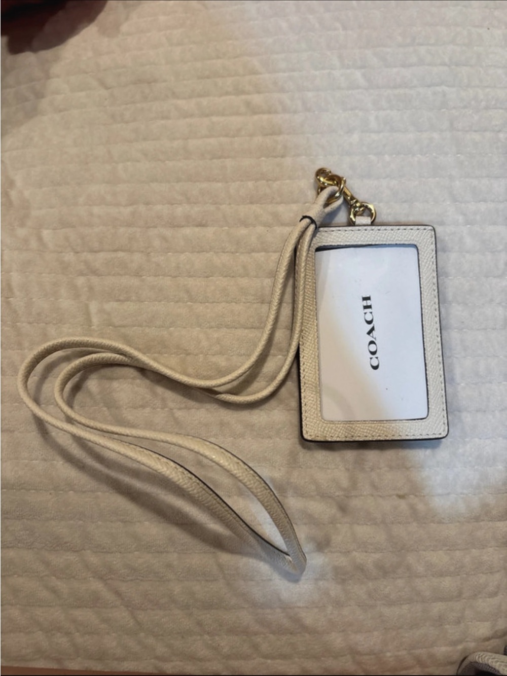 Coach Cream Leather Lanyard Card ID Holder with Gold Hardware
